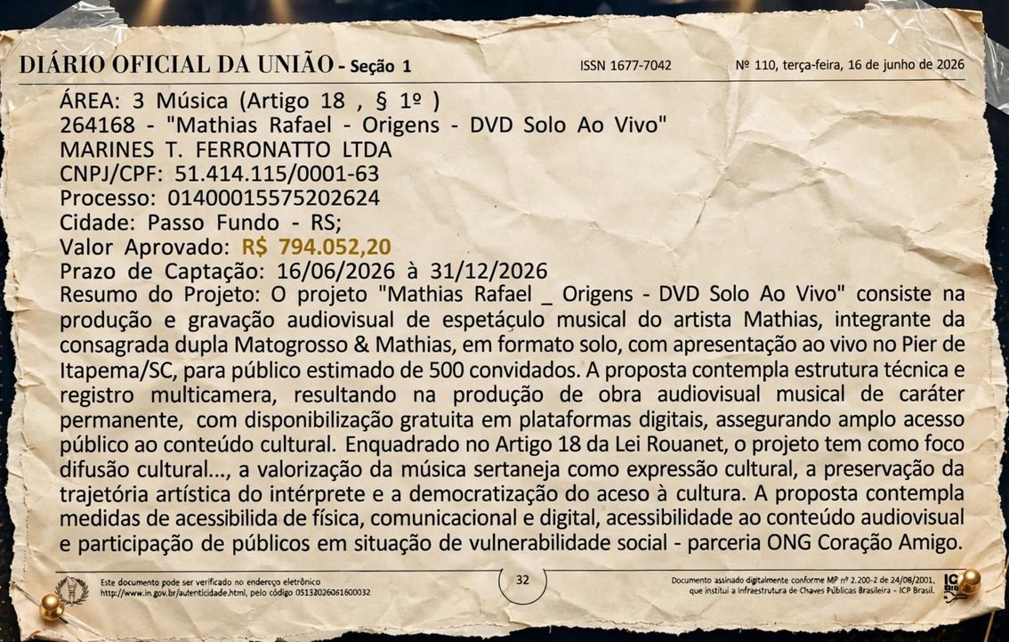 Recorte do Diário Oficial da União, Seção 1, de 16 de junho de 2026, com a publicação do projeto PRONAC 264168