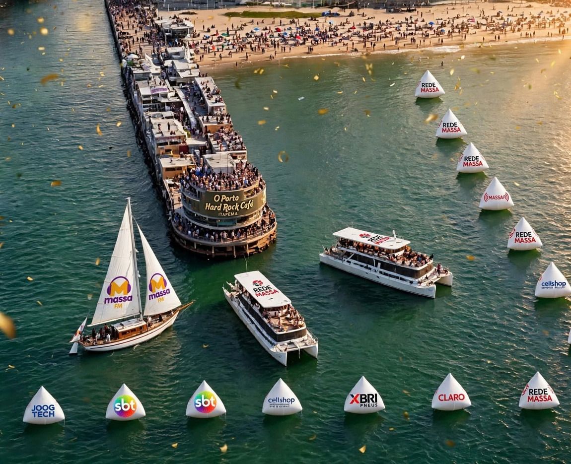 Flutuantes brancos em formato de pirâmide com logos das marcas parceiras no mar, ao lado do píer e de embarcações