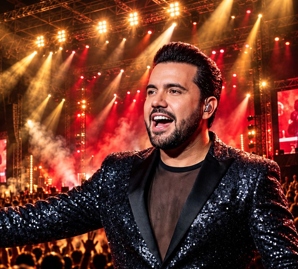 Mathias Rafael cantando em um palco com luzes douradas e vermelhas diante de uma multidão