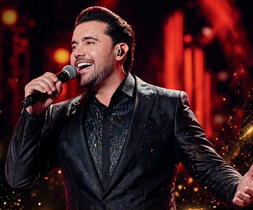Mathias Rafael de terno preto cantando ao microfone, com luzes vermelhas ao fundo