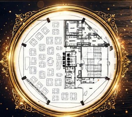 Planta baixa circular do espaço de gravação no Píer de Itapema, com a disposição de mesas e palco