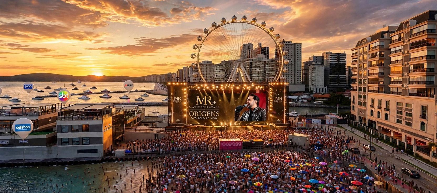 Vista aérea do palco do DVD Origens na orla de Itapema, com roda-gigante, prédios e multidão