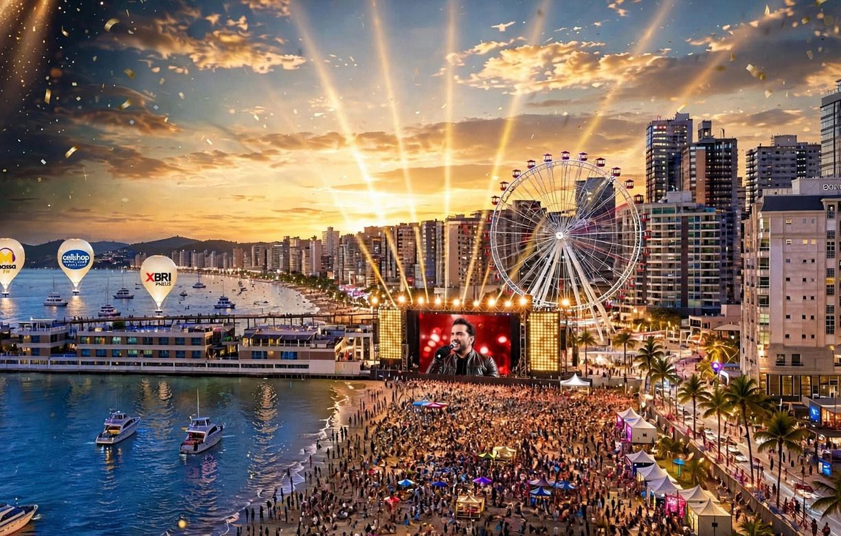 Praia de Itapema ao entardecer com palco, telão exibindo Mathias Rafael, roda-gigante e grande público na areia